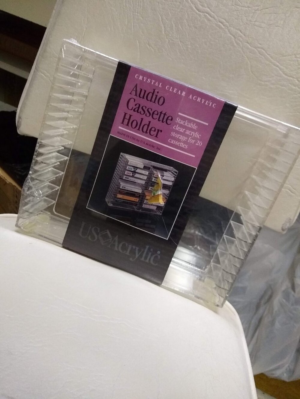 vintage 80s clear acrylic audio cassette holder